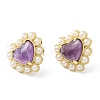Natural Amethyst Heart Stud Earrings with Plastic Pearl Beaded EJEW-E599-02G-02-3