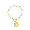 Natural Pearl Rectangle & Flat Round Beaded Bracelet with Stainless Steel Coin Charms SX4591-2-1