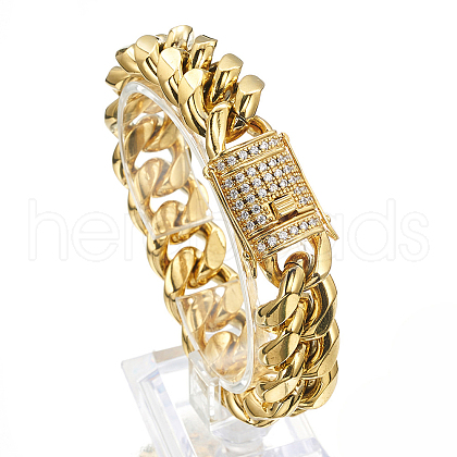 Stainless Steel Curb Chain Bracelet with Rhinestone Clasps WG84387-02-1