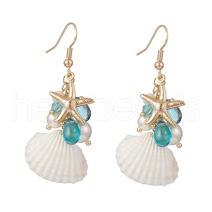 Shell Pearl & Glass & Starfish Cluster Dangle Earrings EJEW-TA00208-1