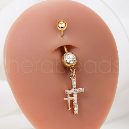 Double Cross 304 Stainless Steel Pave Clear Cubic Zirconia Curved Barbell Dangle Belly Rings FS-WGD8912-01-1