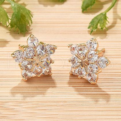 Flower Brass Micro Pave Cubic Zirconia Stud Earrings for Women EJEW-G428-28B-02-1