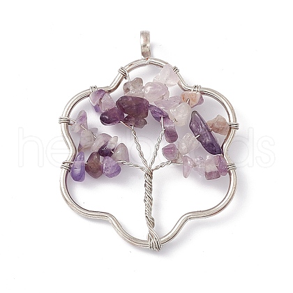 Flower Natural Amethyst Copper Wire Wrapped Chip Big Pendants G-E195-04P-1