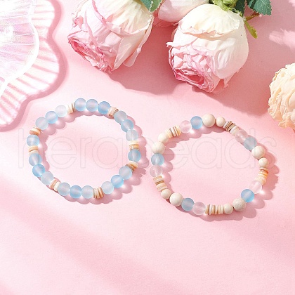 2Pcs 2 Styles Bohemia Style Natural Fossil & Freshwater Shell & Glass Beads Stretch Bracelets for Women BJEW-JB11865-1