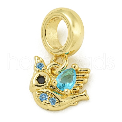 Rack Plating Brass Pave Black & Light Blue Cubic Zirconia Bird European Dangle Charms KK-Z067-54G-1