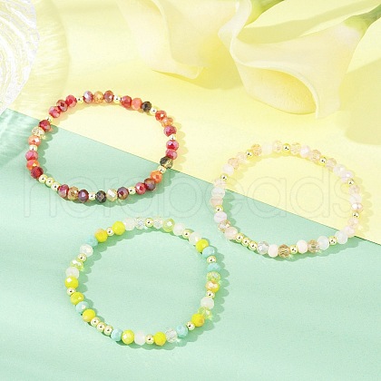 3Pcs 3 Colors Faceted Round Electroplate Glass Beads Stretch Bracelets for Women BJEW-JB11625-1