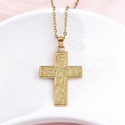 Flower Cross 304 Stainless Steel Pendant Necklaces NJEW-M096-35G-1