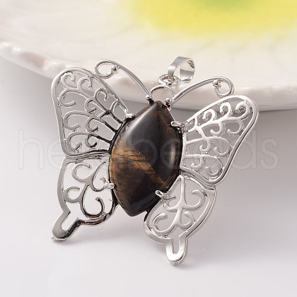 Butterfly Platinum Tone Brass Natural Tiger Eye Pendants G-M288-04-1