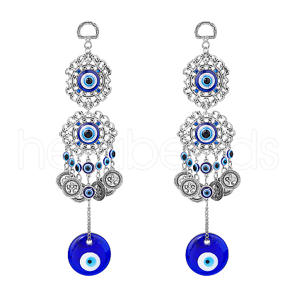 DICOSMETIC 2Pcs Flat Round Glass Turkish Blue Evil Eye Pendant Decoration HJEW-DC0001-09-1