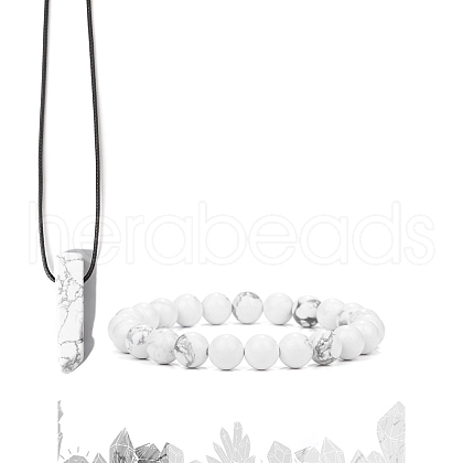 Natural Howlite Beads Stretch Bracelets & Pendant Necklaces Sets for Men PW-WGF85DB-07-1