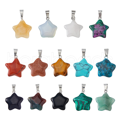FIBLOOM 14Pcs 14 Styles Star Gemstone Pendants G-FI0001-31-1