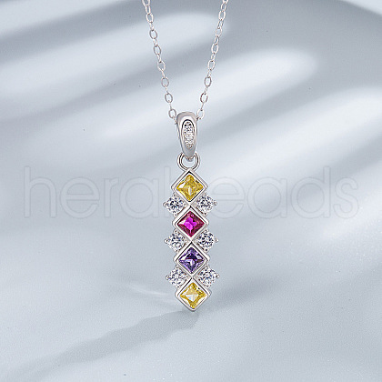 Rhombus 925 Sterling Silver Pave Colourful Cubic Zirconia Pendant Necklaces for Women WGF0FD8-01-1