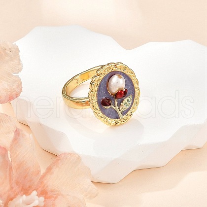 Mother's Day Jewellery Flower Pattern Brass Enamel & Natural Freshwater Pearl Open Cuff Rings for Women RJEW-G342-01G-02-1