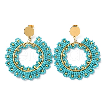 Woven Glass & Brass Beaded Donut Dangle Stud Earrings EJEW-A105-05G-03-1