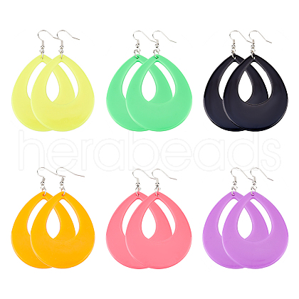 ANATTASOUL 6 Pairs 6 Style Acrylic Hollow Out Teardrop Dangle Earrings EJEW-AN0002-11-1