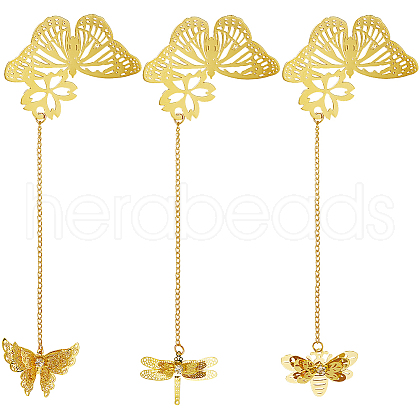 SUNNYCLUE 3Pcs 3 Styles Butterfly & Butterfly & Dragonfly Filigree Brass Bookmark with Chains AJEW-SC0002-93G-1