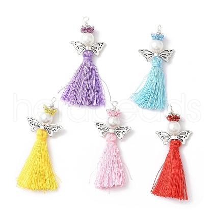 Glass Pearl Round Beaded with Polycotton Tassel Big Pendants PALLOY-MZ00612-1