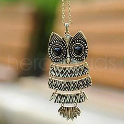 Owl Alloy & Black Resin Pendant Long Necklaces for Women FS-WG1E563-02-1