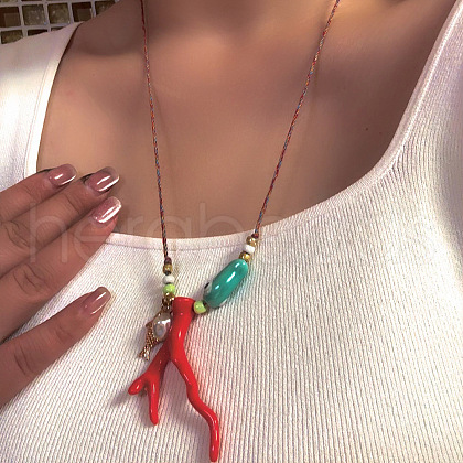 Summer Beach Porcelain Coral Fish Starfish Mushroom Pendant Cotton Cord Necklaces FS-WGEA949-02-1