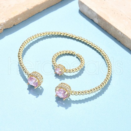 Round Brass Micro Pave Cubic Zirconia Cuff Bangles & Rings Sets for Women SJEW-R002-01G-06-1