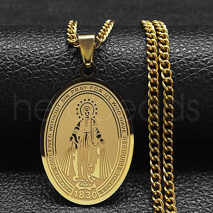 Stainless Steel Oval with Virgin Mary Prayer Pendant Necklace for Unisex ZB7308-1-1