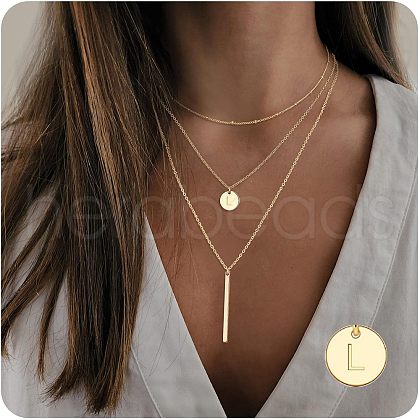 3Pcs Simple Style Brass Coin Letter Rectangle Pendant 3 Layer Necklaces FS-WG4BDA4-50-1