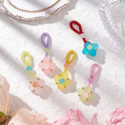 5Pcs 5 Colors Baking Painted Imitation Jade Glass Woven Clover Pendant Decorations HJEW-JM03148-1