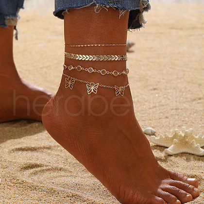 4Pcs 4 Styles Alloy Crystal Rhinestone Butterfly Charm Anklets Sets for Women FS-WGF915E-01-1