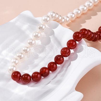 Natural Carnelian(Dyed & Heated) & Shell Pearl Round Beaded Necklaces NJEW-U026-23G-1