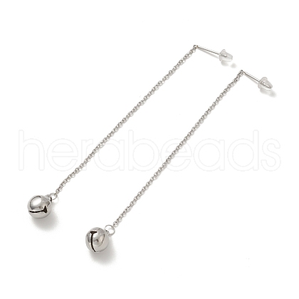 304 Stainless Steel Long Chain with Small Bell Dangle Stud Earrings for Women EJEW-A068-01P-1