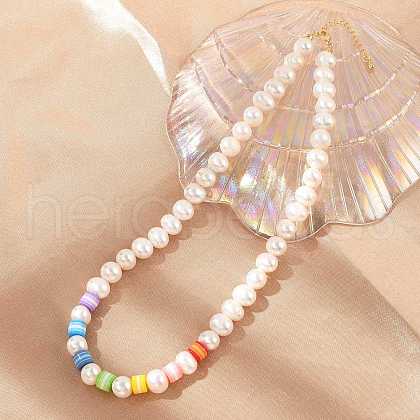 Mother's Day Jewellery Natural Pearl & Acrylic Column Beaded Necklaces NJEW-C070-03-1