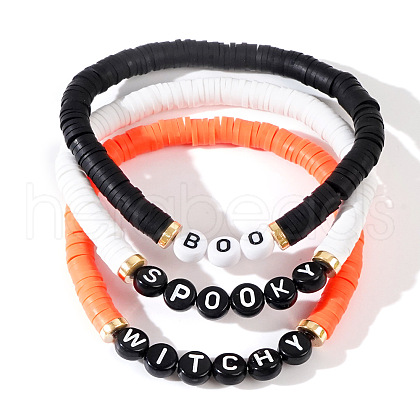 3Pcs 3 Styles Halloween Theme Handmade Polymer Clay Heishi Beads Stretch Bead Bracelets for Men Women RY8456-4-1