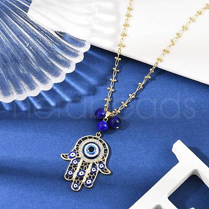Alloy Enamel Crystal Rhinestone Blue Evil Eye Hamsa Hand Pendant Brass Link Chain Necklaces NJEW-JN05314-1