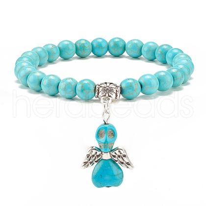 Synthetic Turquoise(Dyed) Beaded Stretch Bracelet with Skull Charm BJEW-JB08286-02-1