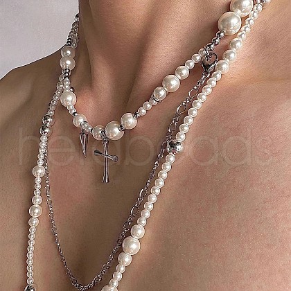 Cross Stainless Steel & Plastic Imitation Pearl Pendant Multi Layered Necklaces for Women FS-WGBBA27-01-1