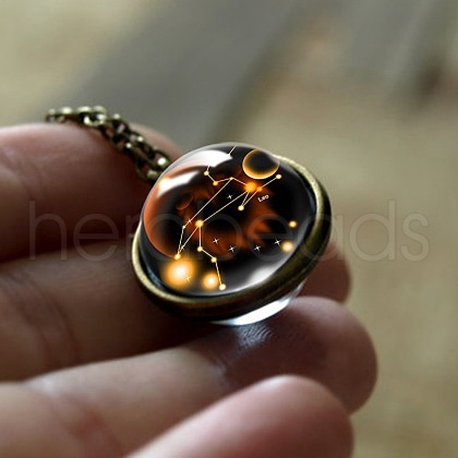 Double Glass Round with Constellation Pendant Alloy Chain Necklaces WG188F6-07-1