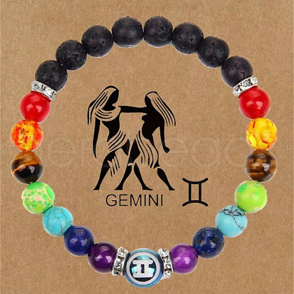 12 Constellations 7 Chakra Natural Lava Rock & Agate & Amethyst & Tiger Eye & Turquoise & Glass Round Beadeed Stretch Bracelets WG33A89-09-1