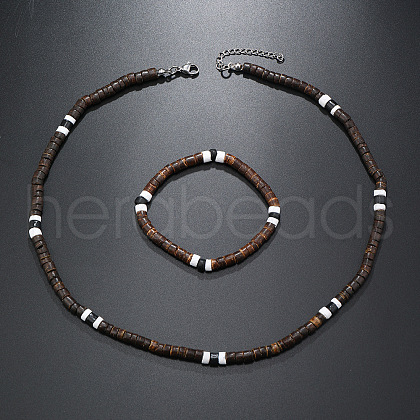 Bohemian Style Coconut Shell with Synthetic Turquoise Rondelle Beaded Necklaces & Bracelets Sets FS-WG8D889-04-1