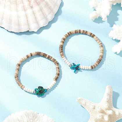 Sea Turtles and Starfish Coconut Beads Bracelets BJEW-JB11882-01-1