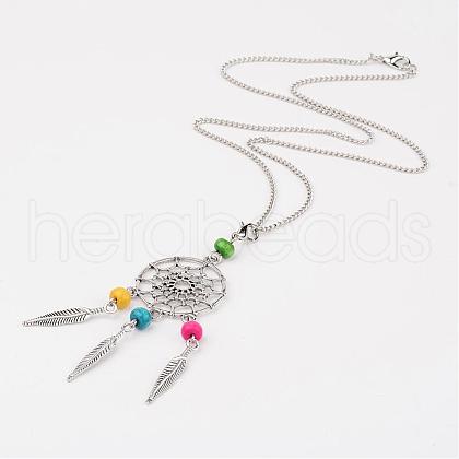 Woven Net/Web with Feather Tibetan Style Alloy Pendant Necklaces NJEW-JN01559-05-1