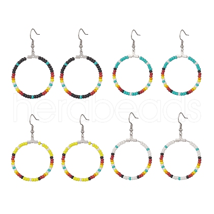 4 Pairs 4 Color Glass Seed Beaded Big Circle Dangle Earrings Set EJEW-TA00178-1