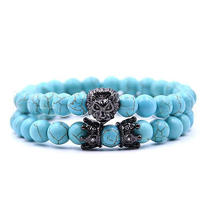 2Pcs Synthetic Turquoise Round Beaded Stretch Bracelets CG7988-14-1