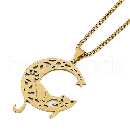 304 Stainless Steel Hollow Moon Cat Shaped Pendant Box Chain Necklaces NJEW-M010-06G-1