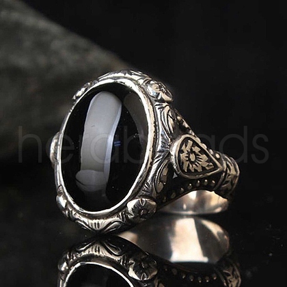 Oval Natural Dyed & Heated Black Agate Finger Rings PW-WG03CB0-01-1