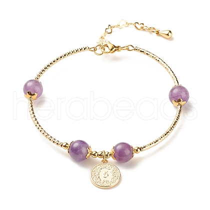 Brass Coin Charm Bracelet with Natural Amethyst BJEW-TA00116-02-1