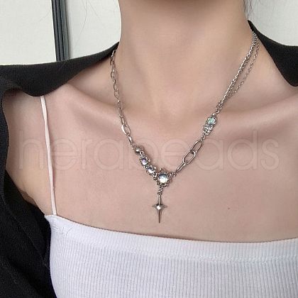 Alloy & 304 Stainless Steel & Synthetic Moonstone Star Pendant Necklaces for Women FS-WG61037-01-1