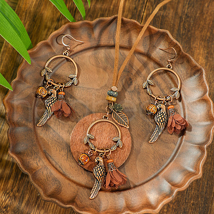 Bohemian Style Alloy & Wood & Leather Dangle Earrings & Necklaces Sets FS-WG3D99C-06-1