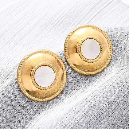 304 Stainless Steel Natural White Shell Stud Earrings EJEW-Z103-08G-1