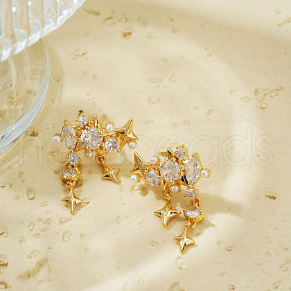 Brass Clear Cubic Zirconia Star Tassel Stud Earrings QZ5144-1-1