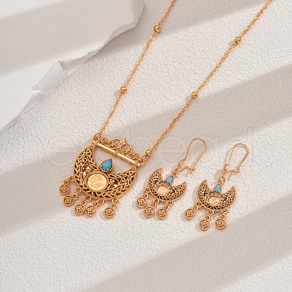 Vintage Brass Cubic Zirconia Moon-shaped Tassel Necklace & Earring Sets for Women's Parties XZ3555-1